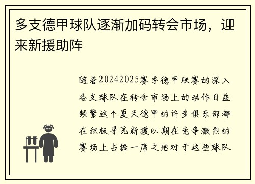 多支德甲球队逐渐加码转会市场，迎来新援助阵