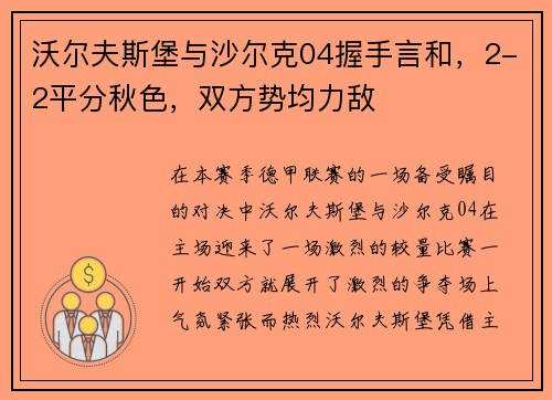 沃尔夫斯堡与沙尔克04握手言和，2-2平分秋色，双方势均力敌